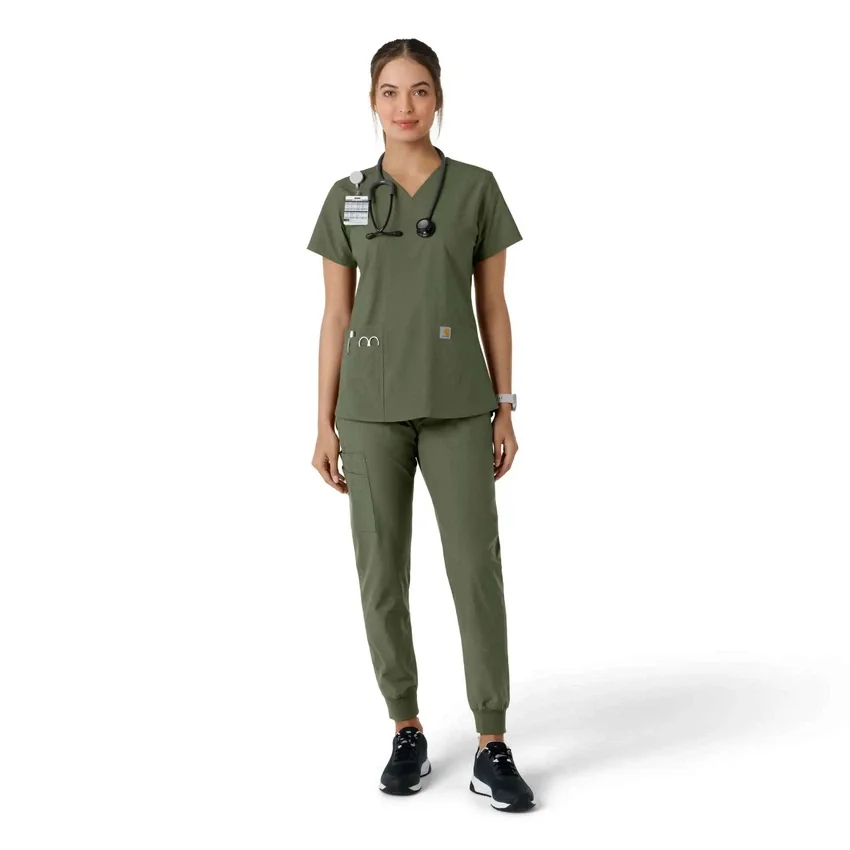 Blusa médica de cuello en V con paneles de punto Force Essentials para mujer