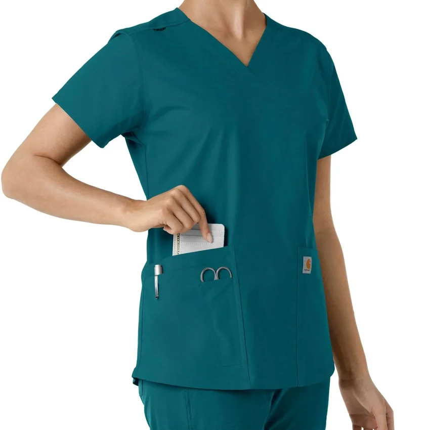 Blusa médica de cuello en V con paneles de punto Force Essentials para mujer