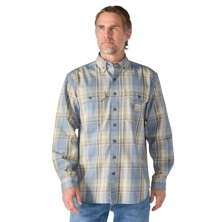 Camisa de hombre de sarga a cuadros, corte holgado y manguitos largos - Camisas ignífugas
