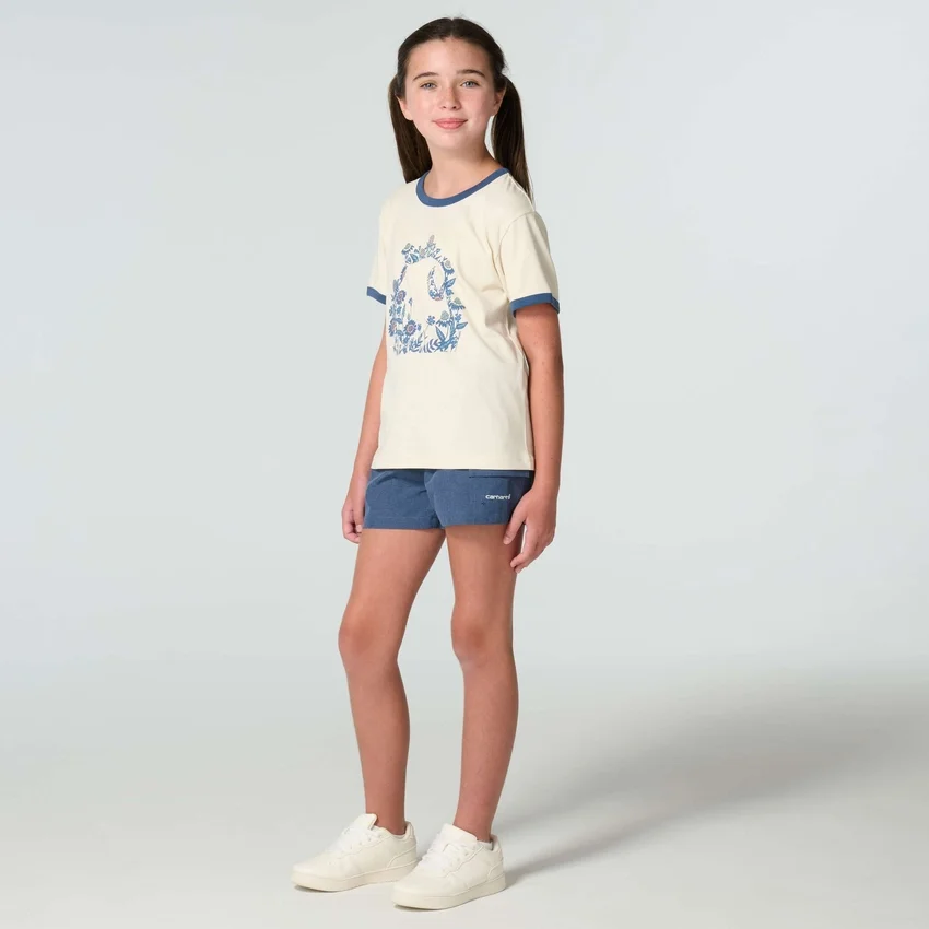 Camiseta de manguitos cortos con estampado floral «C» y cuello ribeteado para niña (niños pequeños/niños/jóvenes)