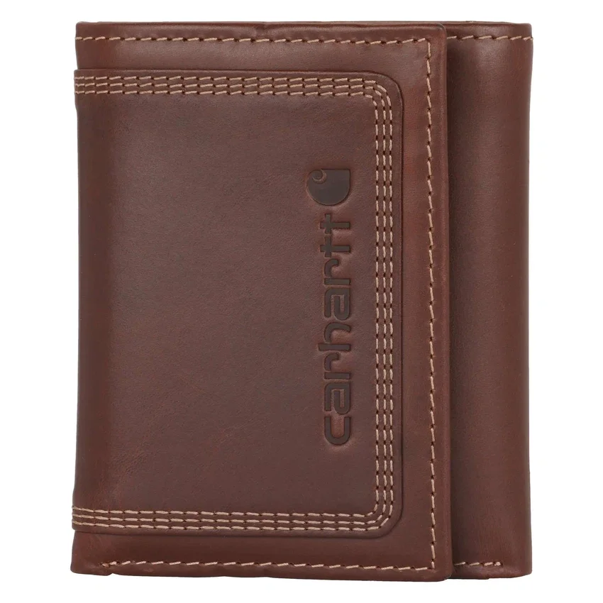 Cartera de cuero de tres pliegues con triple costura