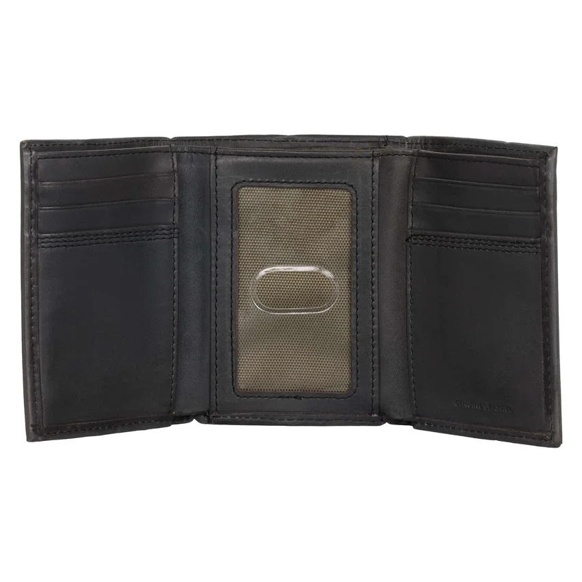 Cartera de cuero de tres pliegues con triple costura