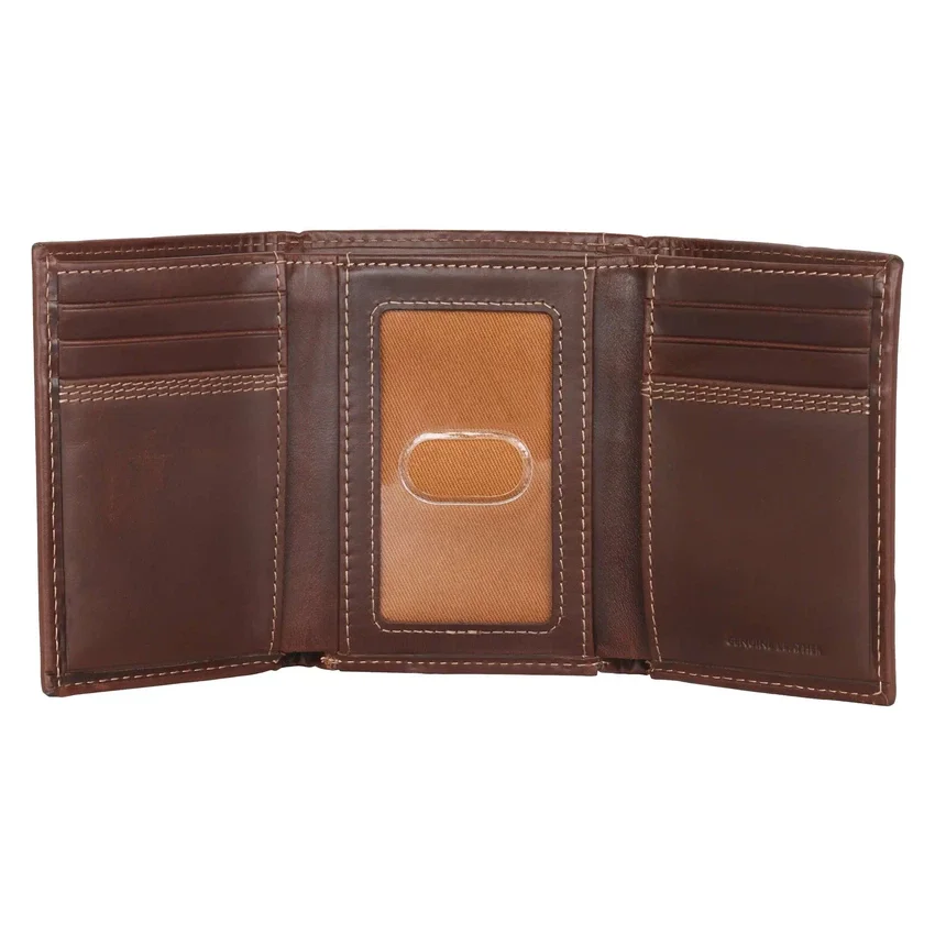 Cartera de cuero de tres pliegues con triple costura