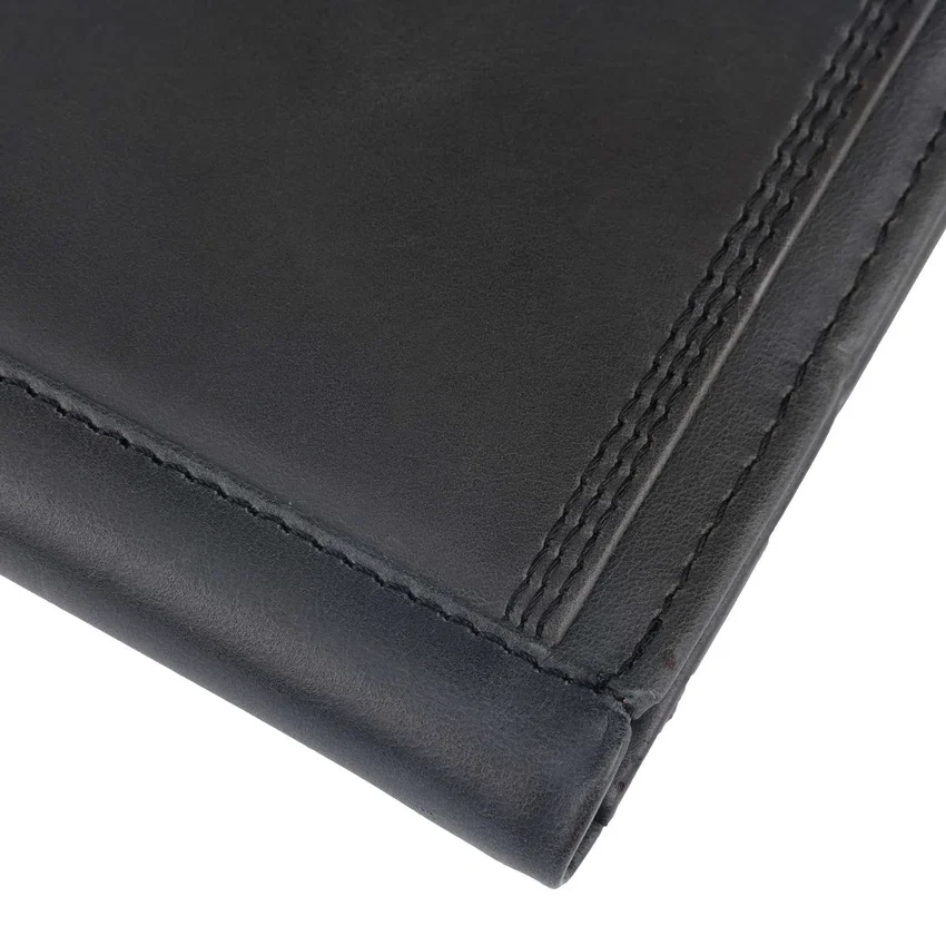 Cartera de cuero de tres pliegues con triple costura