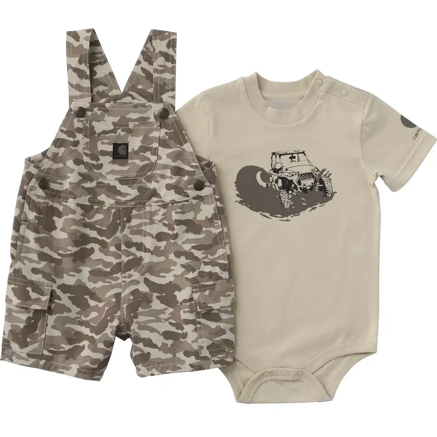 Conjunto de dos piezas para niño: body con manguitos cortos y petos cortos con bolsillos cargo de camuflaje (bebé)