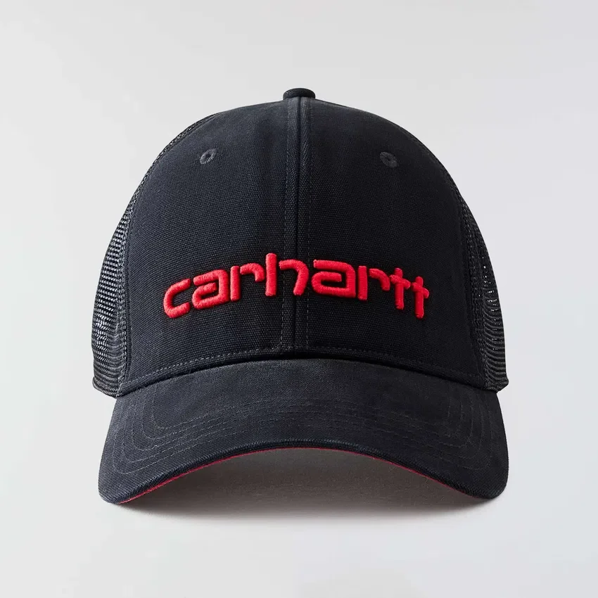 Sombrero de camionero de lona con parte trasera de malla y logotipo